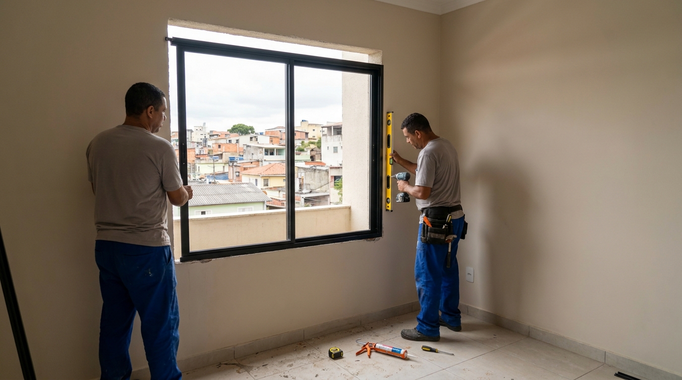 Esquadria de alumínio em quarto bege em Diadema-SP