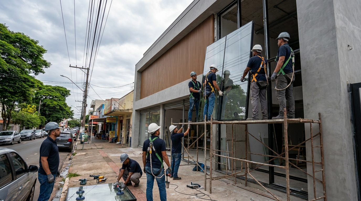 Fachada de vidro com andaime lateral em Diadema-SP