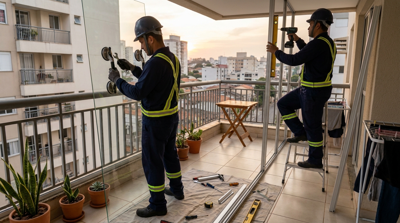 Instalação de parede de vidro em sacada em Diadema-SP