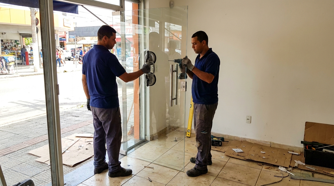 Porta de vidro de loja em rua movimentada em Diadema-SP